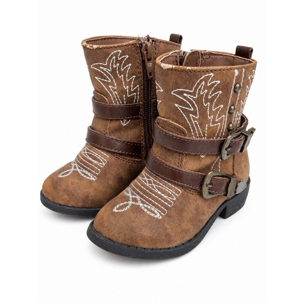 Faded Glory Toddler Girls Size 7 Brown Western Cowgirl Boots Buckle Side Zip